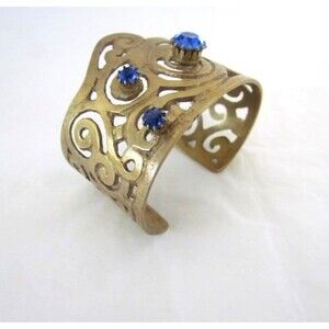 Vintage Czech Blue Rhinetones Cuff Bracelet Metalwork Openwork Prong Set